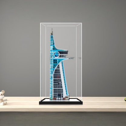 LEGO 76269 Avengers Tower Mirror Acrylic Display Case with Ring Light & UV-Printed Background - Dustproof Showcase