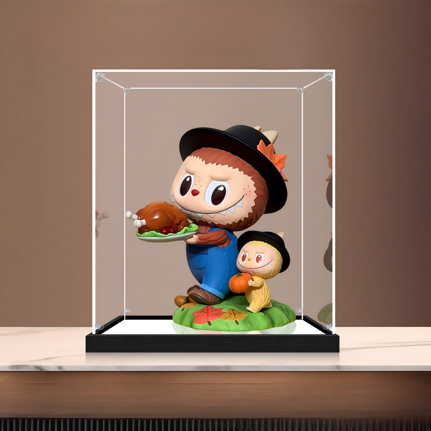 Suitable for Pop Mart The Monsters Thanksgiving Day Display Case – 15x15x20cm Showcase with UV-Printed Background & Mirror Base