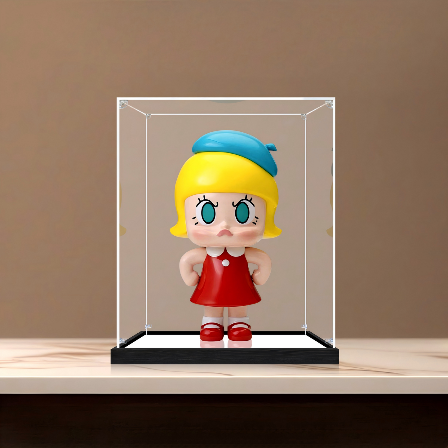 Suitable for Pop Mart Angry Molly Display Case – Showcase with UV-Printed Background & Mirror Base