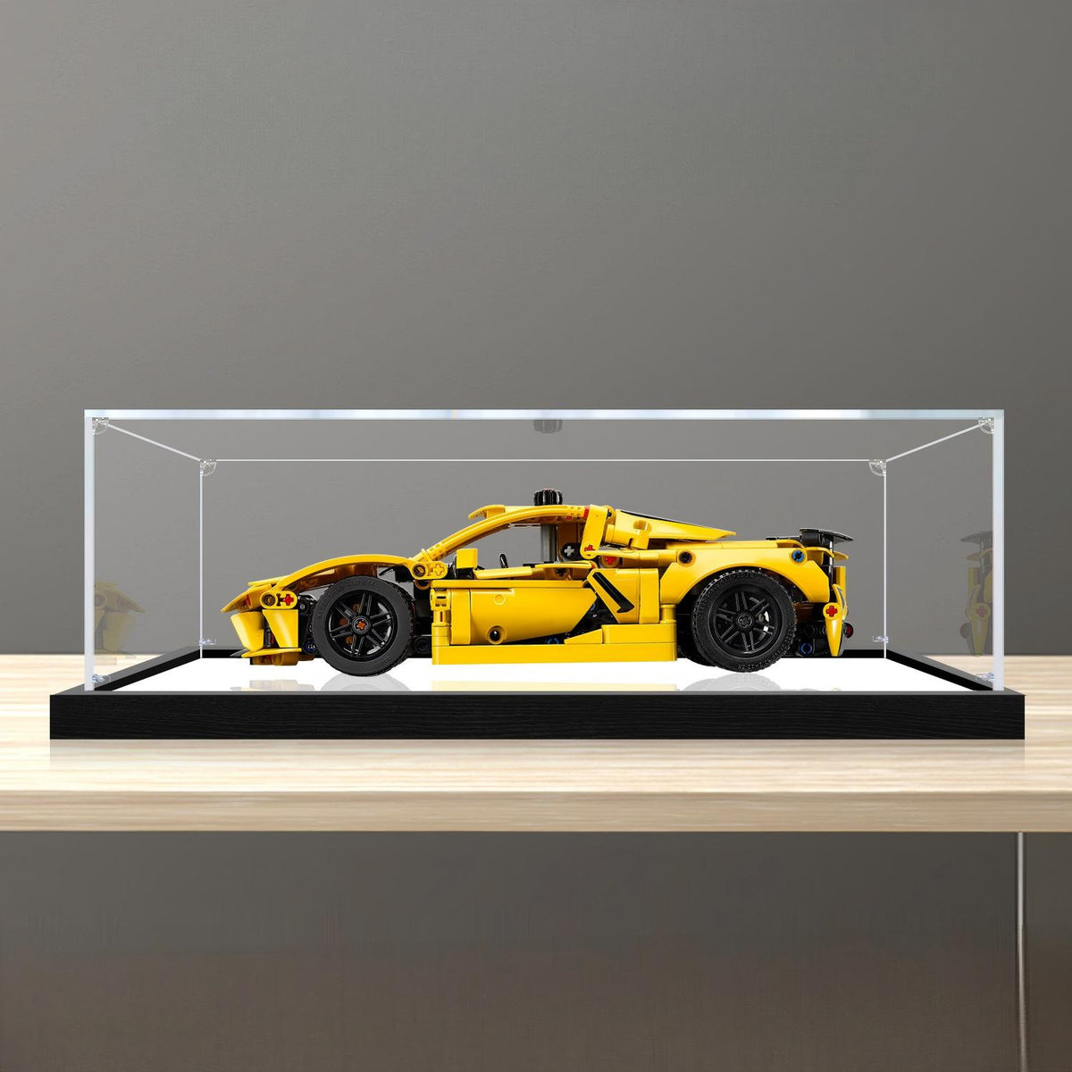 LEGO 42205 Chevrolet Corvette Stingray Mirror Acrylic Display Case with Ring Light & UV-Printed Background - Dustproof Showcase
