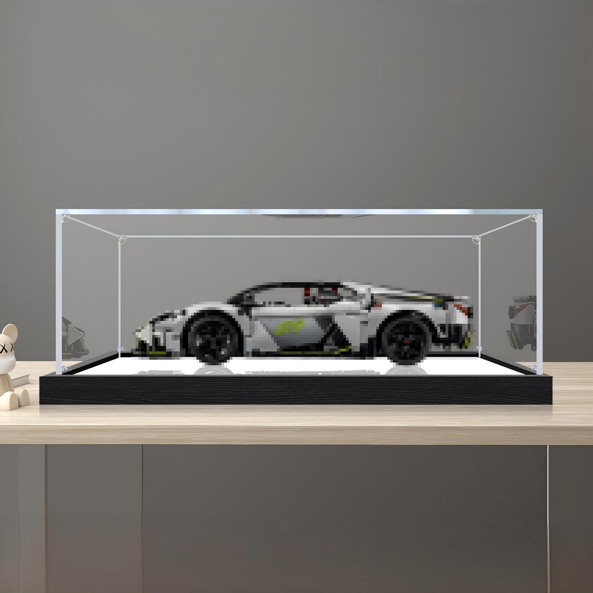 LEGO 42214 لامبورغيني ريفويلتو علبة عرض أكريليك مرآة مع ضوء حلقي وخلفية مطبوعة بالأشعة فوق البنفسجية - واجهة عرض مقاومة للغبار