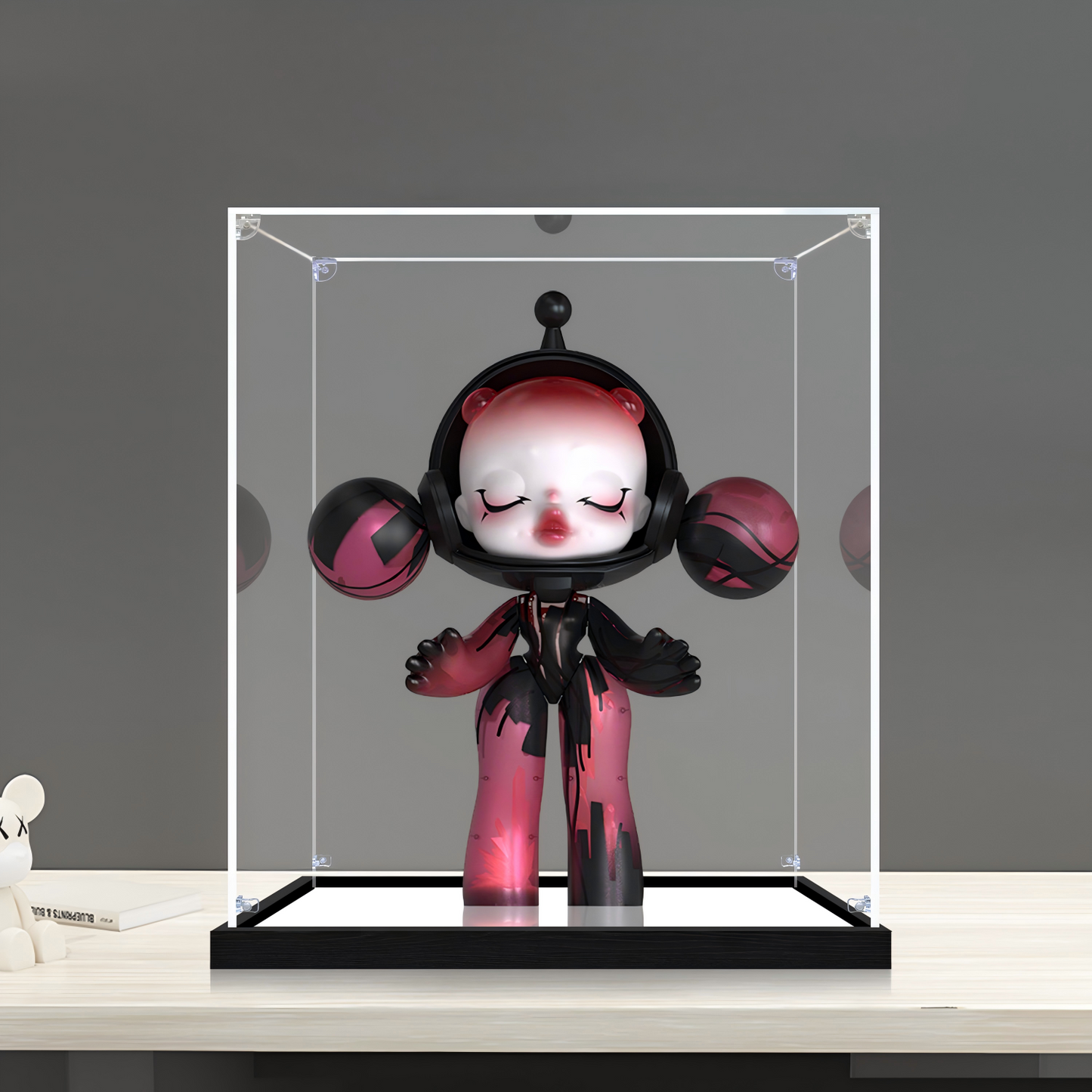 Suitable for Pop Mart Skullpanda Mega Series Display Case – Showcase with UV-Printed Background & Mirror Base