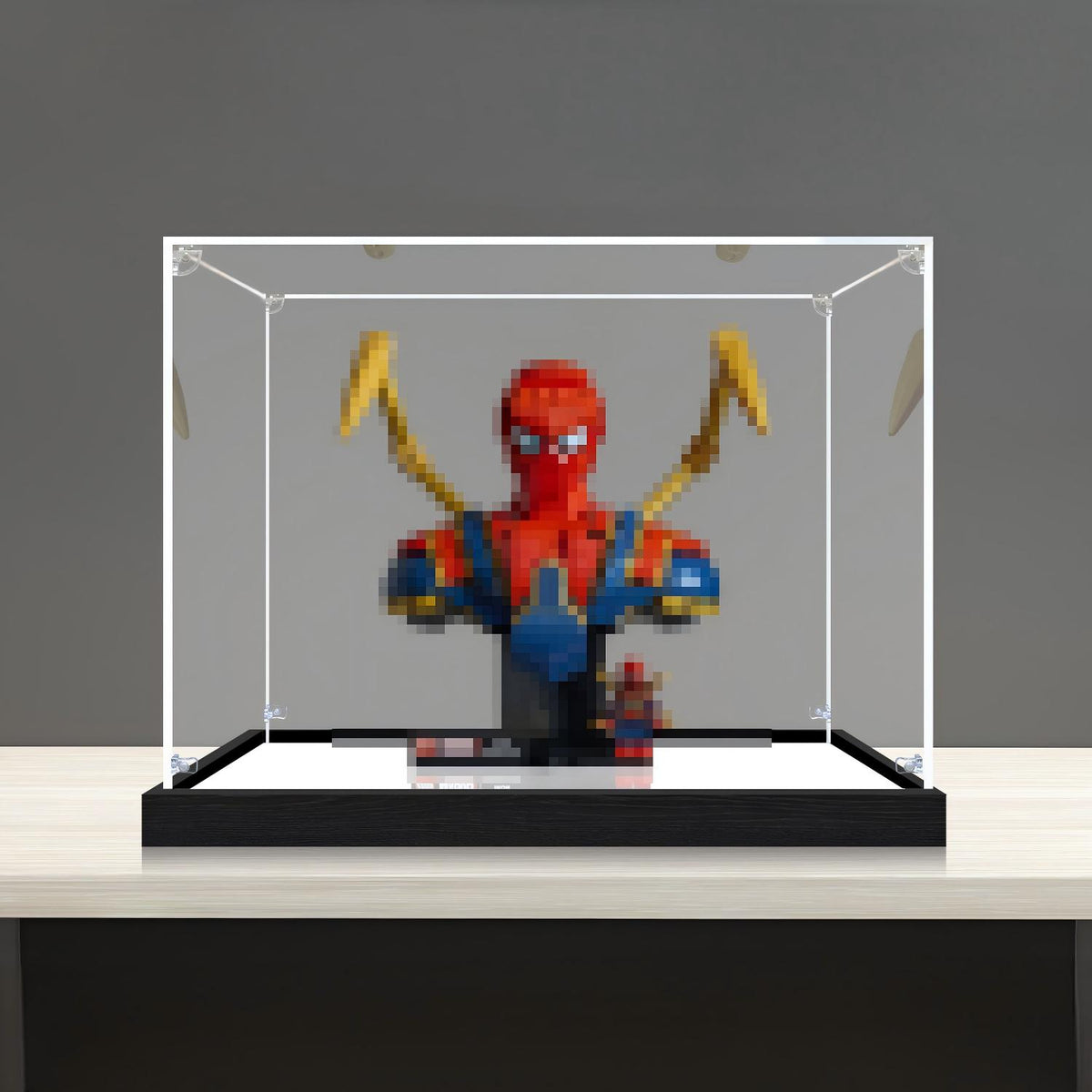 LEGO 76326 アイアン・スパイダーマン バスト ミラー アクリル ディスプレイケース リングライト＆UVプリント背景付き - 防塵ショーケース