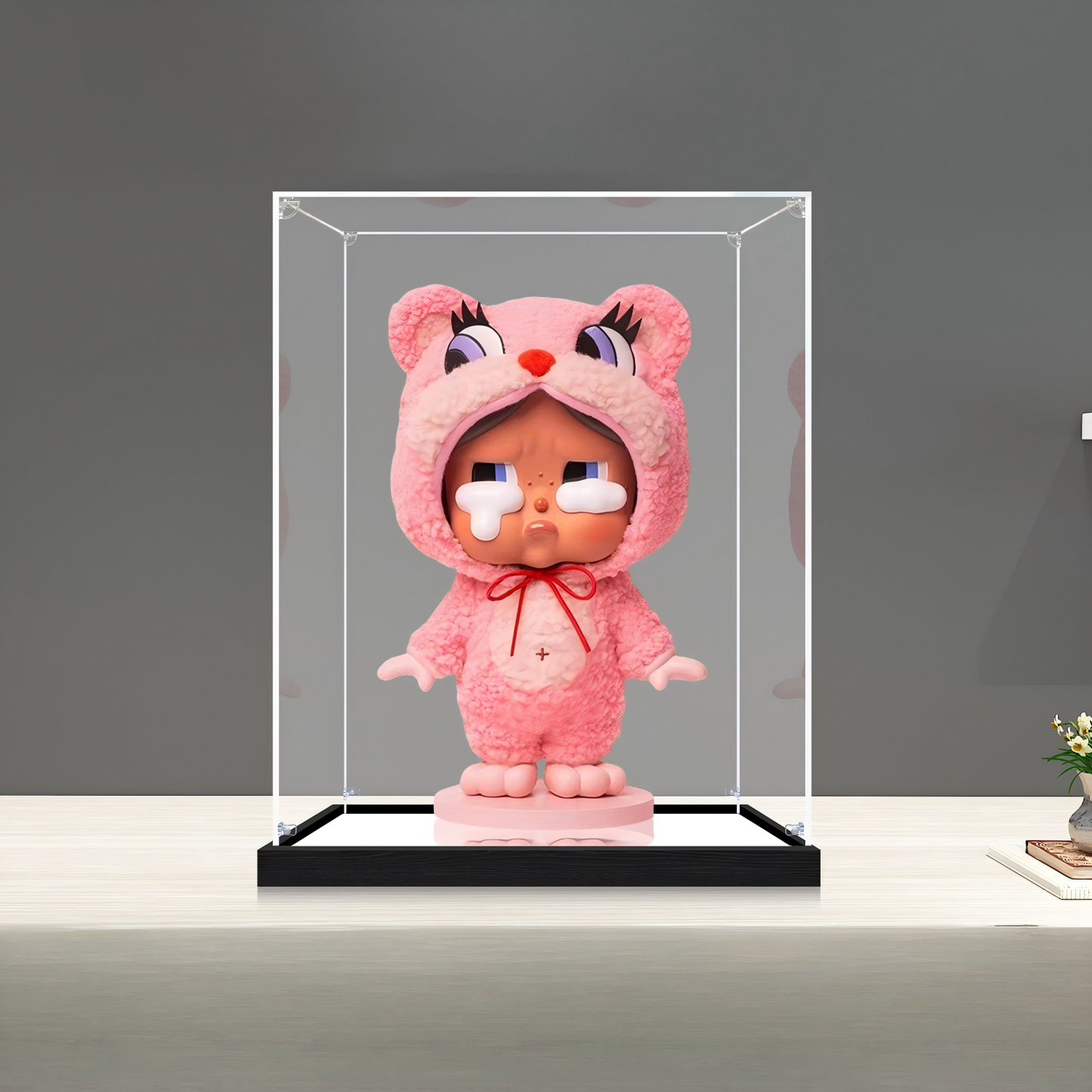 Suitable for Pop Mart Crybaby Display Case – 20x20x30cm Showcase with UV-Printed Background & Mirror Base