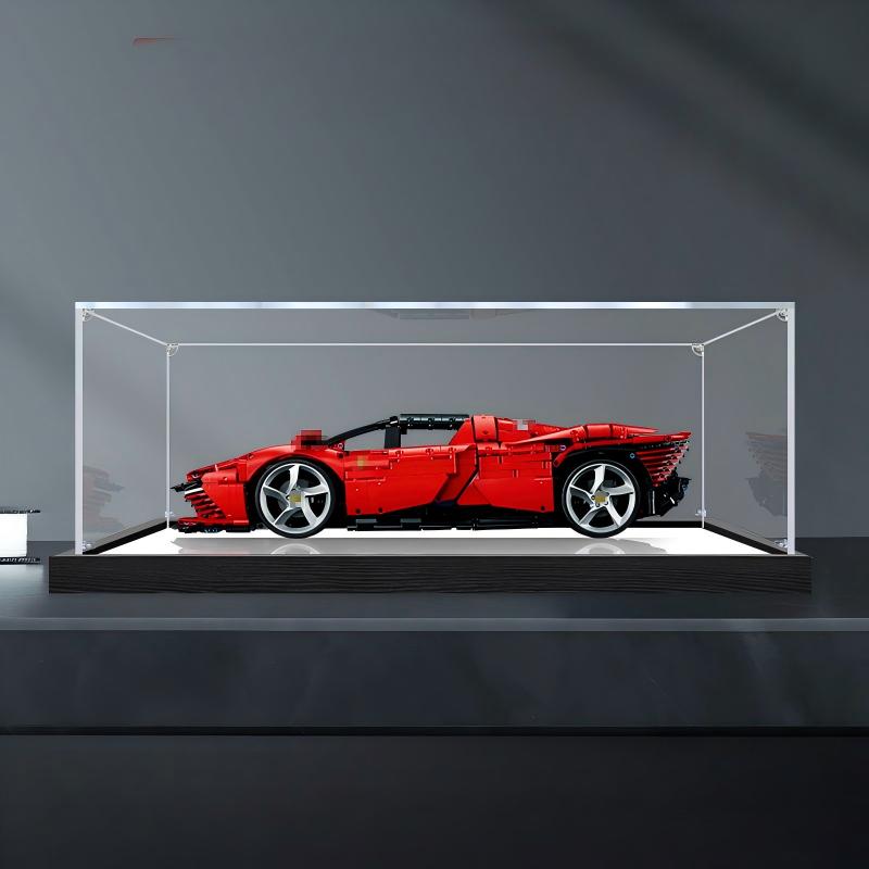 LEGO 42143 Ferrari Daytona SP3 Acryl-Vitrine mit Ringlicht & UV-bedrucktem Hintergrund - Staubdichte Ausstellungsvitrine