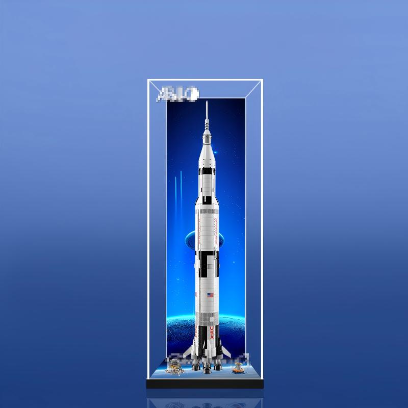 Acrylic Display Case for LEGO 21309 NASA Apollo Saturn V, LEGO 92176 Rocket Model，with Themed Printed Background & Dustproof Box - Scoparius case