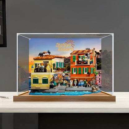 LEGO 21359 Italian Riviera Spiegel-Acryl-Vitrine mit Ringlicht & UV-bedrucktem Hintergrund - Staubdichte Vitrine