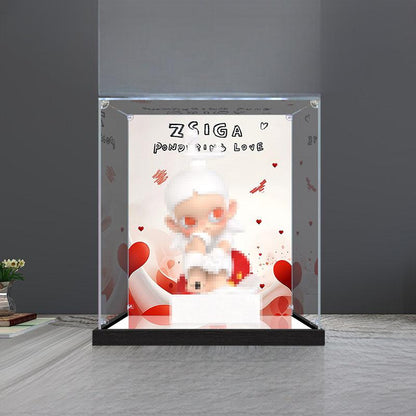 Pop Mart Zsiga Pondering Love Series Mirror Acrylic Display Case with Ring Light & UV-Printed Background - Dustproof Showcase