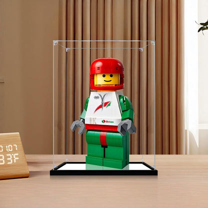 LEGO 40819 سائق سباق مصغر موسّع معروض في علبة عرض أكريليك مرآة مع حلقة إضاءة وخلفية مطبوعة بالأشعة فوق البنفسجية - خزانة عرض مقاومة للغبار