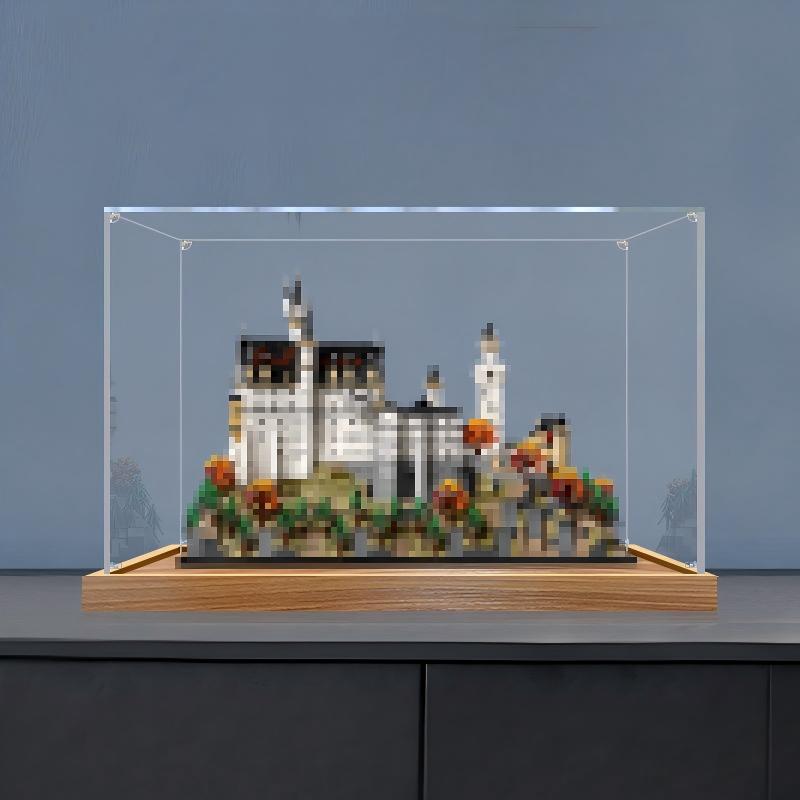 LEGO 21063 Neuschwanstein Slot Spejl Akryl Display Case med Ringlys & UV-trykt Baggrund - Støvtæt Udstillingsvitrine
