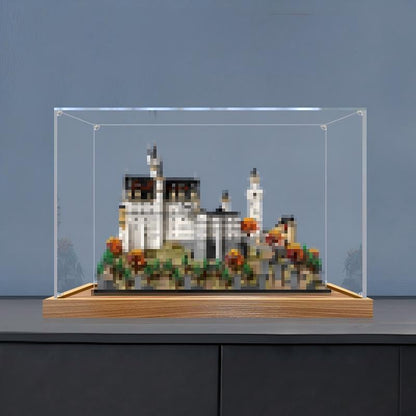 LEGO 21063 Neuschwanstein Slot Spejl Akryl Display Case med Ringlys & UV-trykt Baggrund - Støvtæt Udstillingsvitrine