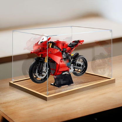 LEGO 42202 Ducati Panigale V4 S Vitrine de Exibição em Acrílico com Espelho, Luz Anelar e Fundo Impresso em UV - Vitrine à Prova de Poeira