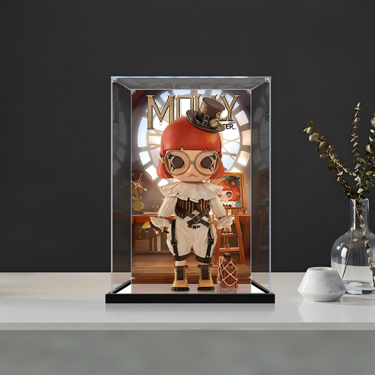 Suitable for Pop Mart Molly Display Case – 15x15x25cm Showcase with UV-Printed Background & Mirror Base