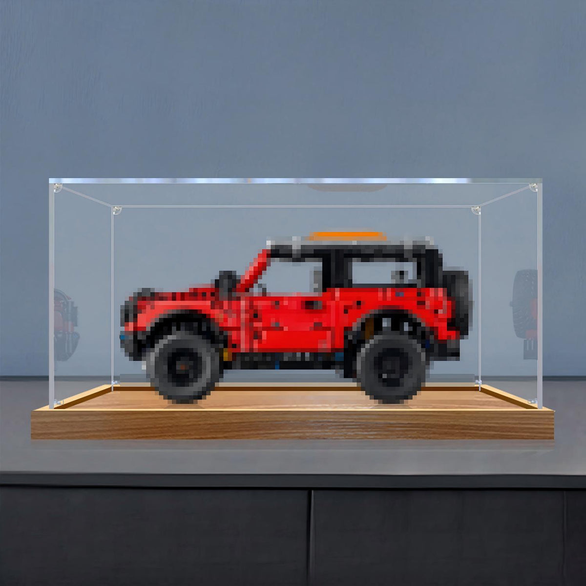LEGO 42213 Ford Bronco SUV Vitrine de Exibição em Acrílico com Espelho, Anel de Luz e Fundo Impresso em UV - Vitrine à Prova de Poeira