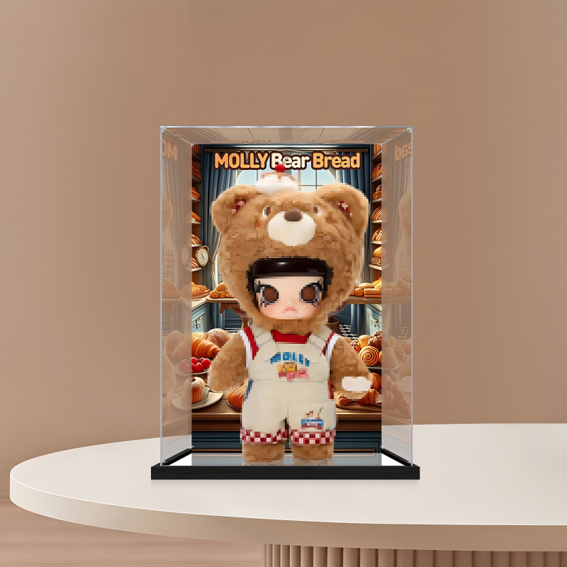 Suitable for Pop Mart Molly Bear Bread Display Case – 15x15x25cm Showcase with UV-Printed Background & Mirror Base