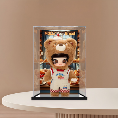 Suitable for Pop Mart Molly Bear Bread Display Case – 15x15x25cm Showcase with UV-Printed Background & Mirror Base