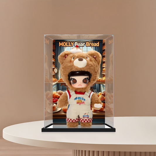 Suitable for Pop Mart Molly Bear Bread Display Case – 15x15x25cm Showcase with UV-Printed Background & Mirror Base
