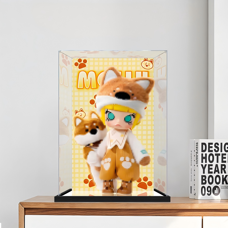 Suitable for Pop Mart Molly Shiba Inu Collection Display Case – 15x15x25cm Showcase with UV-Printed Background & Mirror Base