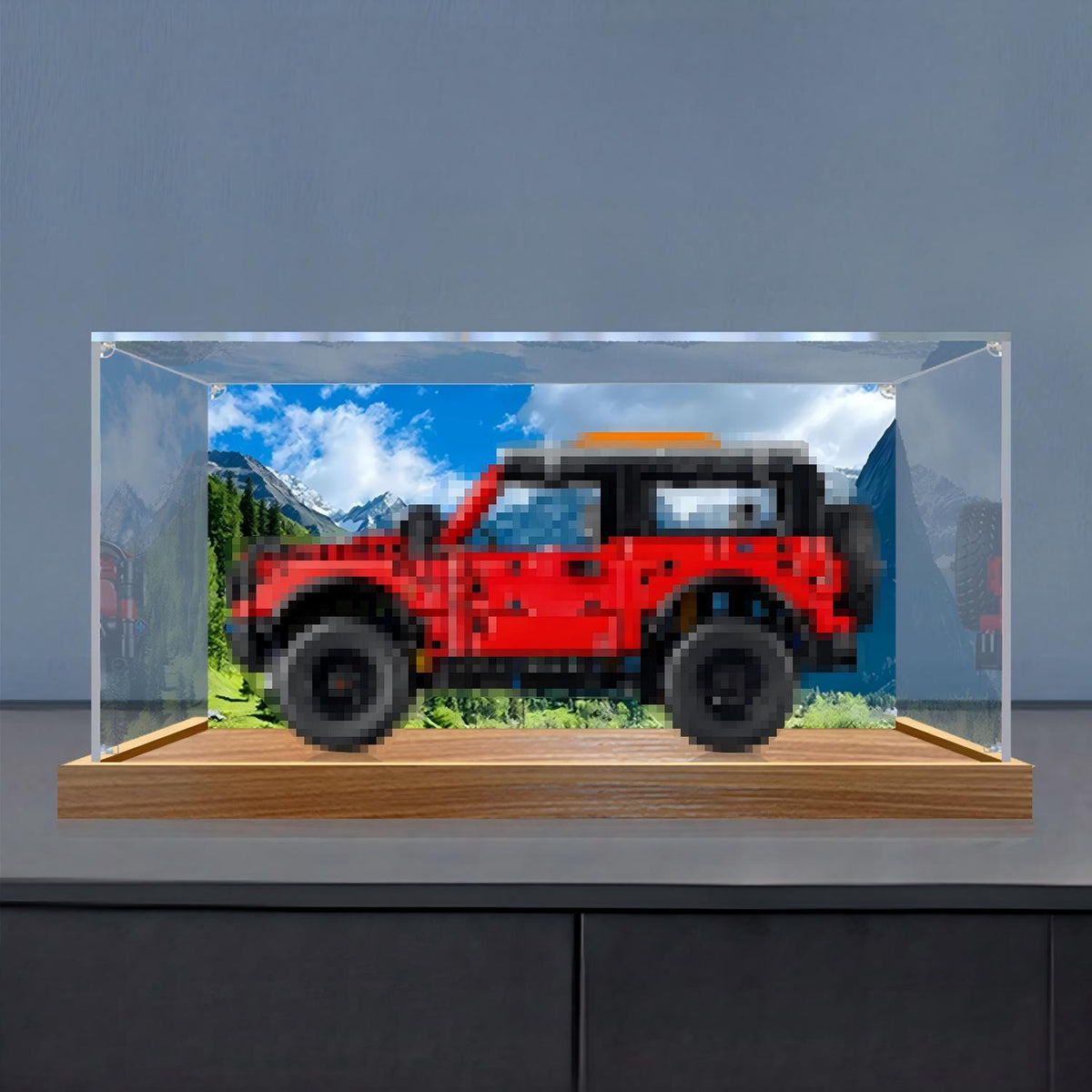 LEGO 42213 Ford Bronco SUV Vitrine de Exibição em Acrílico com Espelho, Anel de Luz e Fundo Impresso em UV - Vitrine à Prova de Poeira