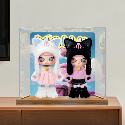 Pop Mart MOLLY Mirror Acrylic Display Case with Ring Light & UV-Printed Background - Dustproof Showcase
