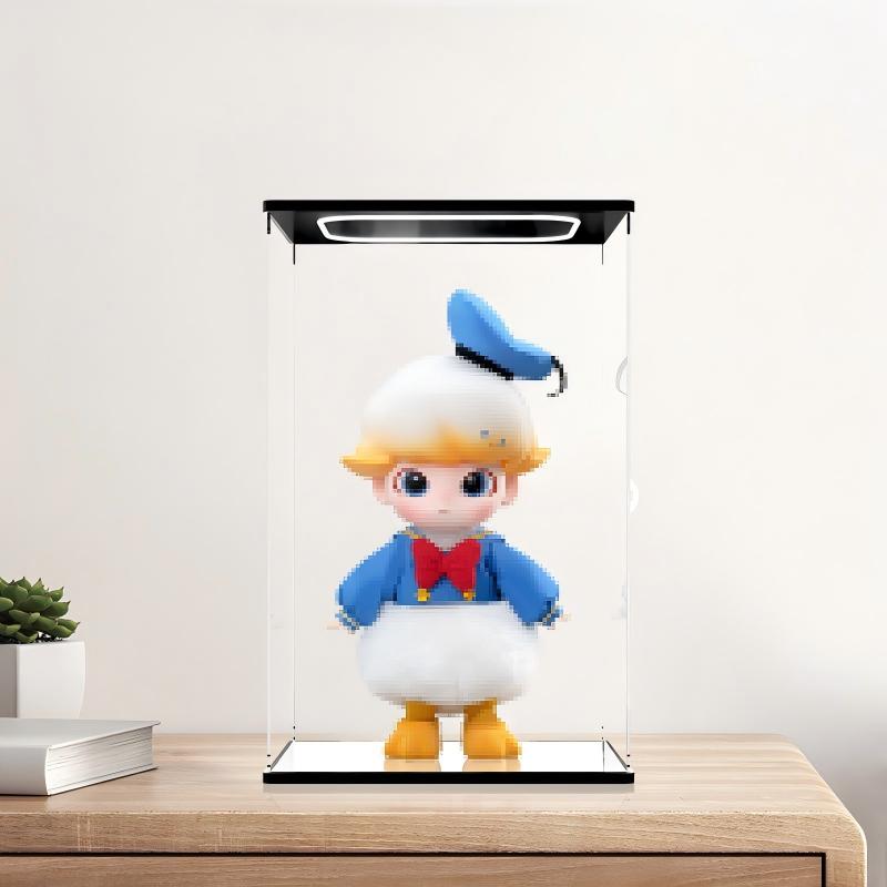 حالة عرض أكريليك مرآة Pop Mart Dimoo Donald Duck مع إضاءة حلقية وخلفية مطبوعة بالأشعة فوق البنفسجية - صندوق عرض مقاوم للغبار
