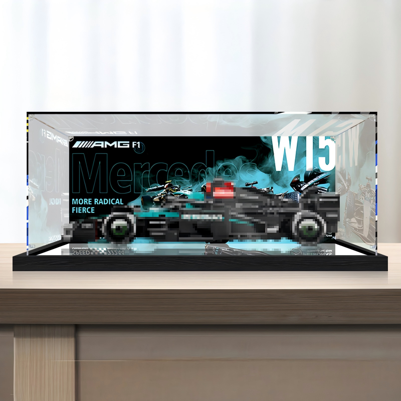 Premium Acrylic Display Case for LEGO Speed Champions Sets 77242 77243 77244 77245 77246 – 3mm Dust-Proof Showcase with Custom UV-Printed Background & Brushed Black Base - Scoparius case