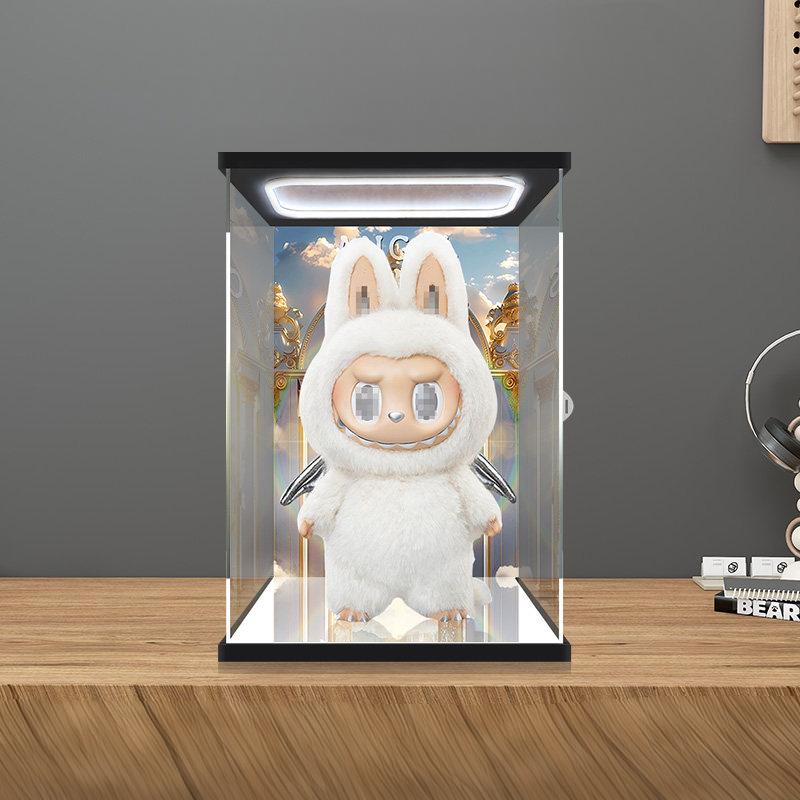 Pop Mart Labubu Angel Mirror Acrylic Display Case with Ring Light & UV-Printed Background - Dustproof Showcase