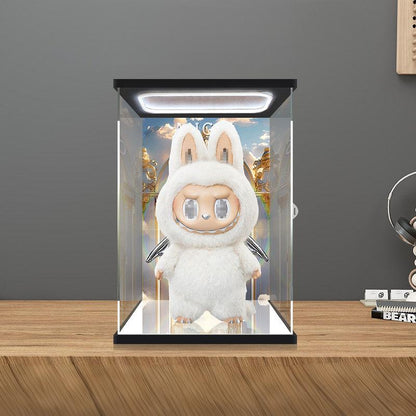 Pop Mart Labubu Angel Mirror Acrylic Display Case with Ring Light & UV-Printed Background - Dustproof Showcase
