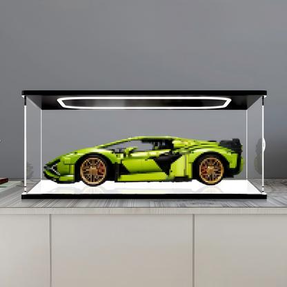 LEGO 42115 Lamborghini Sián FKP 37 Mirror Acrylic Display Case with Ring Light & UV-Printed Background - Dustproof Showcase
