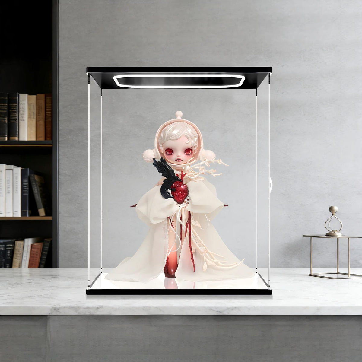 Pop Mart Messenger From Another World Mirror Acrylic Display Case with Ring Light & UV-Printed Background - Dustproof Showcase