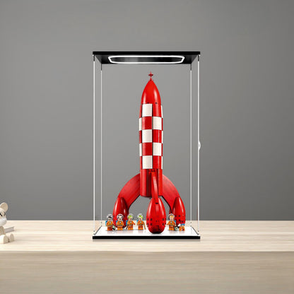 LEGO 21367 Tintin Moon Rocket Vitrine de Exibição em Acrílico com Espelho, Anel de Luz e Fundo Impresso em UV - Mostruário à Prova de Poeira