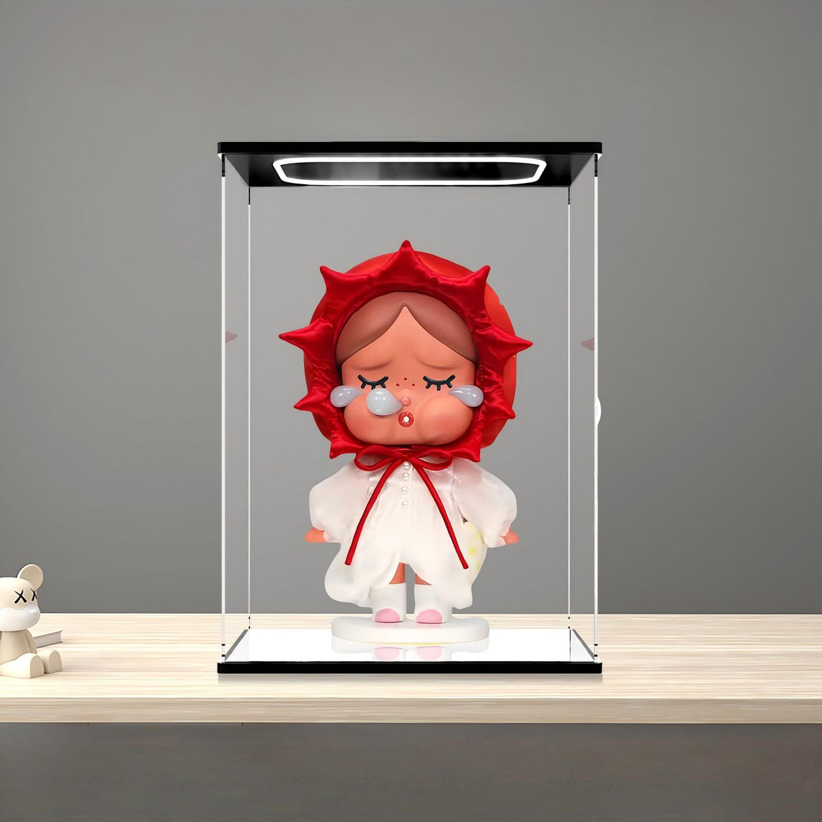 Caixa de Exibição de Acrílico com Espelho para Pop Mart Pucky Lazy Series com Luz de Anel e Fundo Impresso em UV - Vitrine à Prova de Poeira
