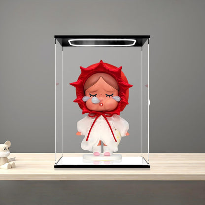 Caixa de Exibição de Acrílico com Espelho para Pop Mart Pucky Lazy Series com Luz de Anel e Fundo Impresso em UV - Vitrine à Prova de Poeira