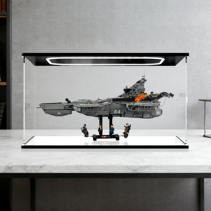 LEGO 76354 S.H.I.E.L.D. Helicarrier حافظة عرض أكريليك مرآة مع ضوء حلقي وخلفية مطبوعة بالأشعة فوق البنفسجية - واجهة عرض مقاومة للغبار