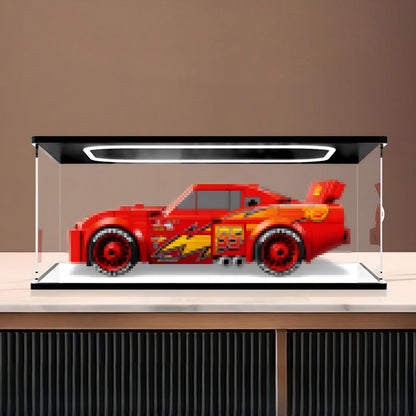 LEGO 77255 Lightning McQueen Vitrine d'affichage en acrylique miroir avec anneau lumineux et fond imprimé UV - Présentoir anti-poussière