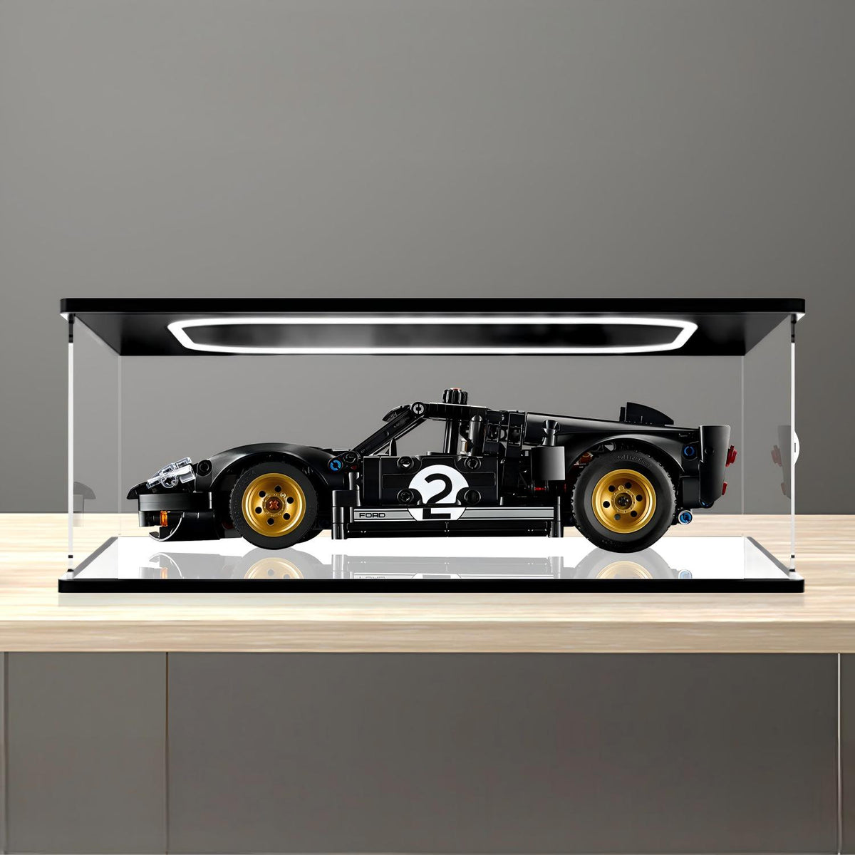 LEGO 42223 1966 Ford GT40 MKII Vitrine de Exibição em Acrílico com Espelho, Luz Anelar e Fundo Impresso em UV - Vitrine à Prova de Poeira