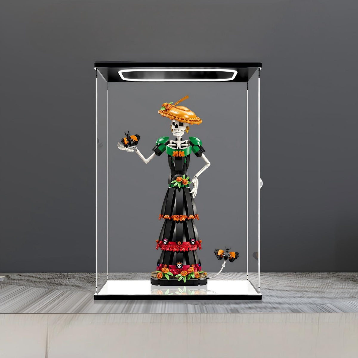 LEGO 21372 La Catrina Spejl Akryl Udstillingskasse med Ringlys & UV-printet Baggrund - Støvtæt Vitrine
