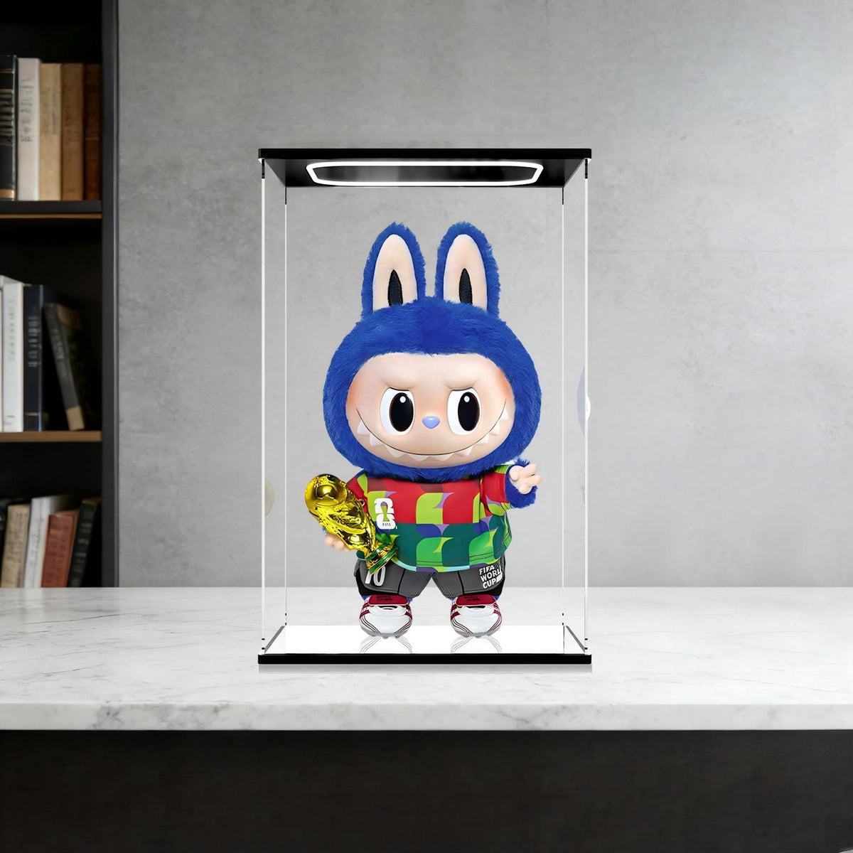 Pop Mart Labubu Champion Series Mirror Acrylic Display Case with Ring Light & UV-Printed Background - Dustproof Showcase