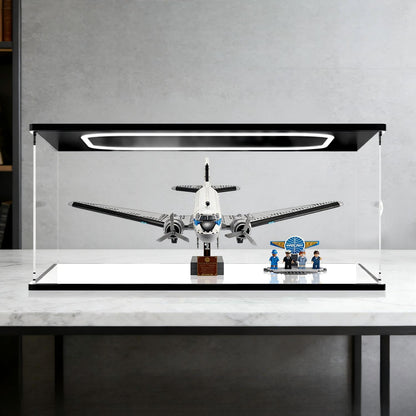 LEGO 11378 Douglas DC-3 PAN AM Airliner Mirror Acrylic Display Case with Ring Light & UV-Printed Background - Dustproof Showcase