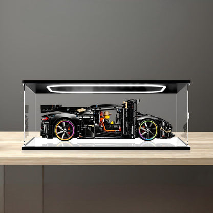LEGO 42232 Koenigsegg Supercar Mirror Acrylic Display Case with Ring Light & UV-Printed Background - Dustproof Showcase
