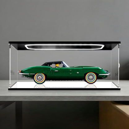 LEGO 11381 Jaguar E-Type Mirror Acrylic Display Case with Ring Light & UV-Printed Background - Dustproof Showcase