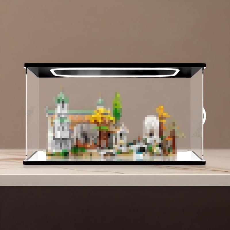 LEGO 10316 سيد الخواتم: ريفنديل حامل عرض أكريليك مع إضاءة حلقية وخلفية مطبوعة بالأشعة فوق البنفسجية - صندوق عرض مقاوم للغبار