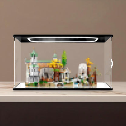LEGO 10316 سيد الخواتم: ريفنديل حامل عرض أكريليك مع إضاءة حلقية وخلفية مطبوعة بالأشعة فوق البنفسجية - صندوق عرض مقاوم للغبار