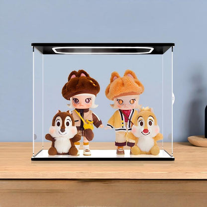 Caixa de Exibição de Acrílico com Espelho para Pop Mart MOLLY Chip 'n Dale com Luz de Anel e Fundo Impresso em UV - Vitrine à Prova de Poeira