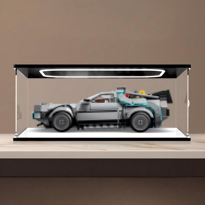 LEGO 77256 Time Machine from Back to the Future Mirror Acrylic Display Case with Ring Light & UV-Printed Background - Dustproof Showcase