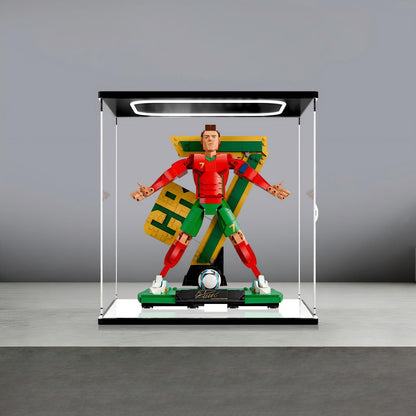 LEGO 43016 Cristiano Ronaldo - Soccer Legend Mirror Acrylic Display Case with Ring Light & UV-Printed Background - Dustproof Showcase