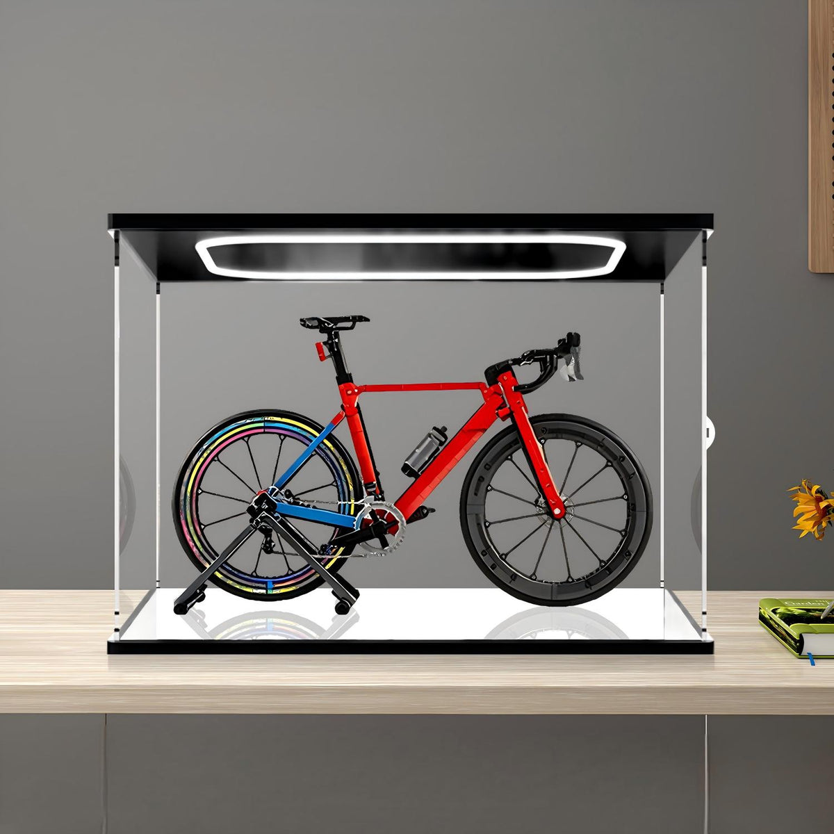 LEGO 11380 Icons Road Bike Mirror Acrylic Display Case with Ring Light & UV-Printed Background - Dustproof Showcase