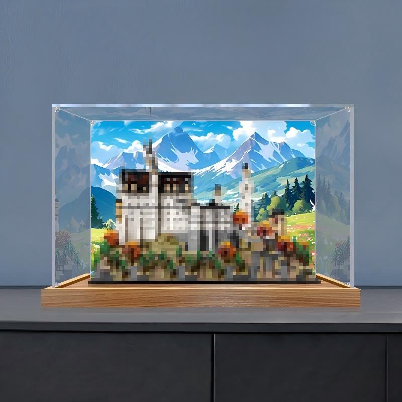LEGO 21063 Neuschwanstein Slot Spejl Akryl Display Case med Ringlys & UV-trykt Baggrund - Støvtæt Udstillingsvitrine
