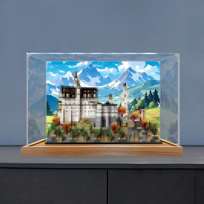 LEGO 21063 Neuschwanstein Slot Spejl Akryl Display Case med Ringlys & UV-trykt Baggrund - Støvtæt Udstillingsvitrine
