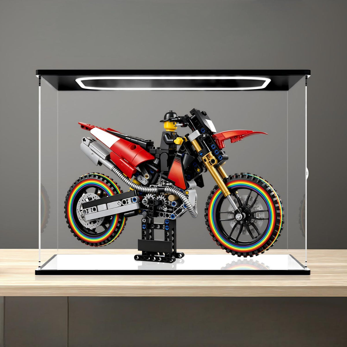 LEGO 42238 دوكاتي ديزمو450 MX مصنع دراجة نارية مرآة عرض أكريليك مع ضوء حلقي وخلفية مطبوعة بالأشعة فوق البنفسجية - خزانة عرض مضادة للغبار